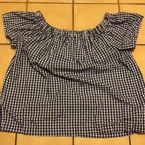 Off the shoulder checkered blouse. Excellent fit.
